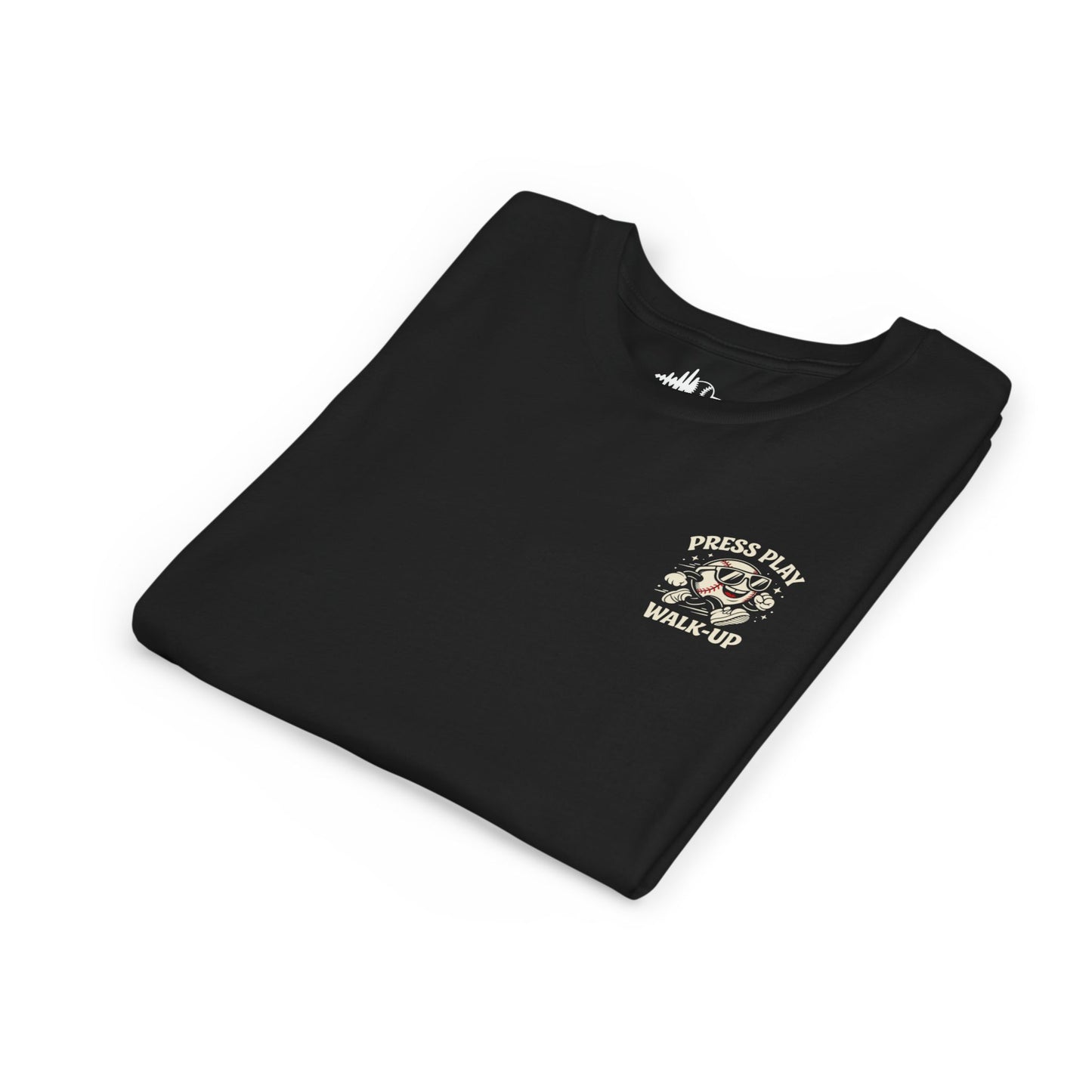 Youth Tee — "Press Play Walk-Up" Retro Baseball Character Graphic Shirt