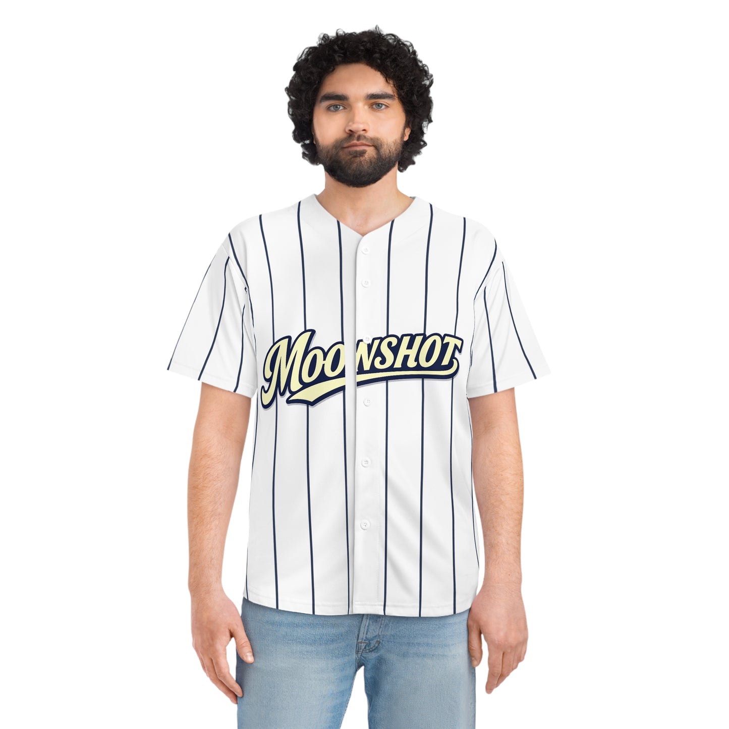 Moonshot Pinstripe Baseball Jersey — 'Moonshot' Script & Number 99