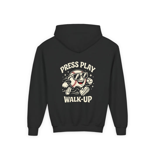 Press Play Walk-Up Hoodie — Youth Retro Baseball Graphic Pullover