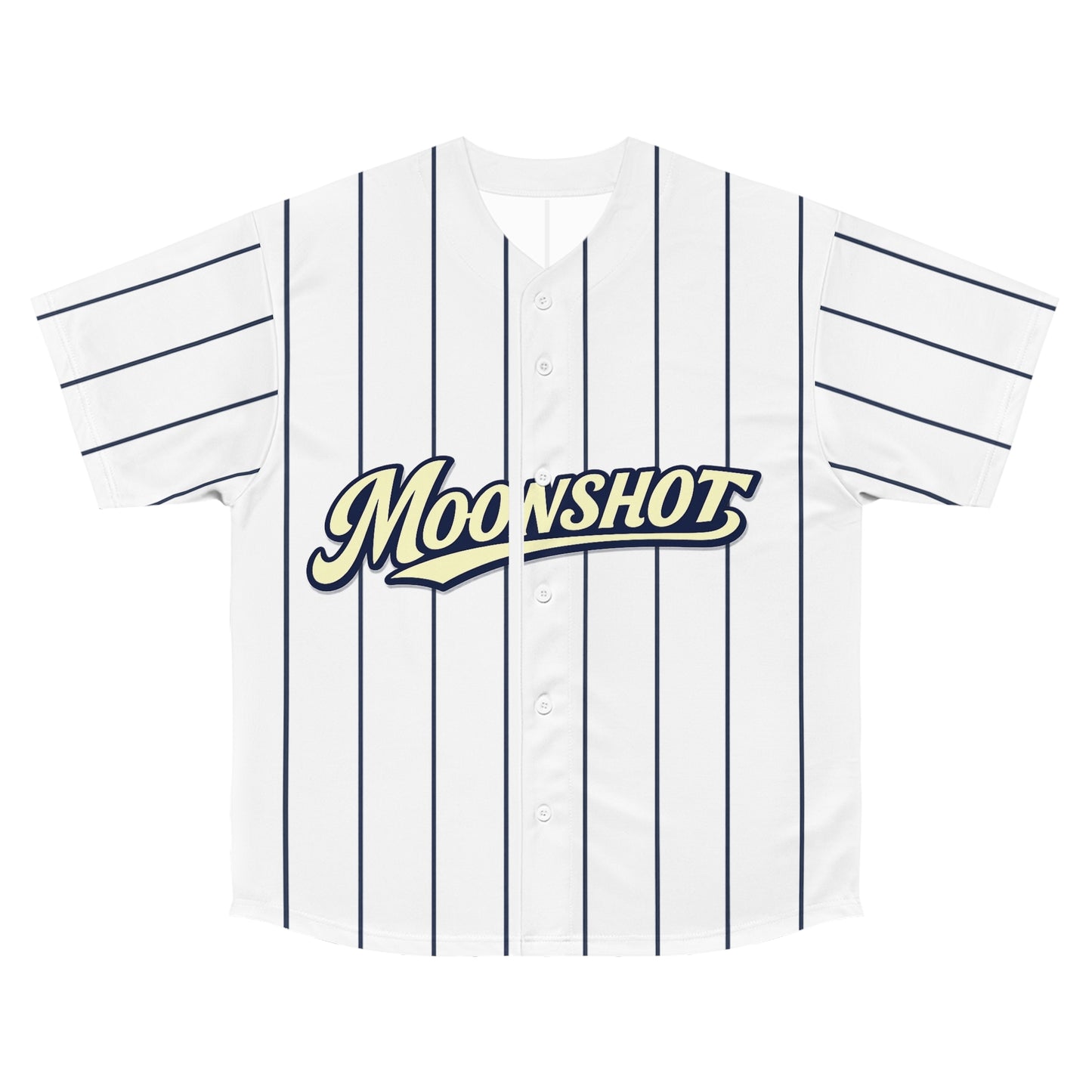 Moonshot Pinstripe Baseball Jersey — 'Moonshot' Script & Number 99