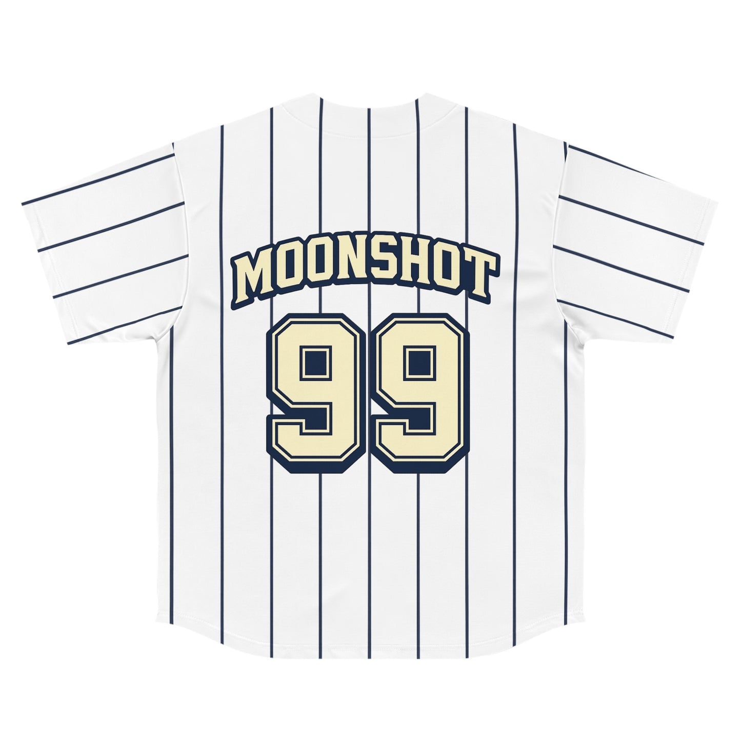 Moonshot Pinstripe Baseball Jersey — 'Moonshot' Script & Number 99