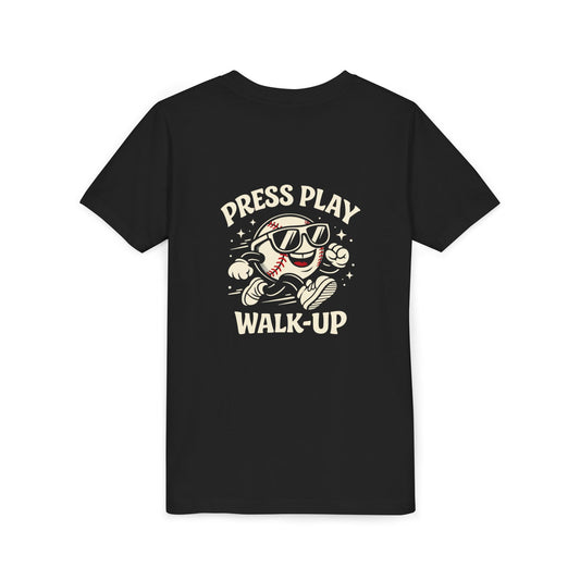 Youth Tee — "Press Play Walk-Up" Retro Baseball Character Graphic Shirt