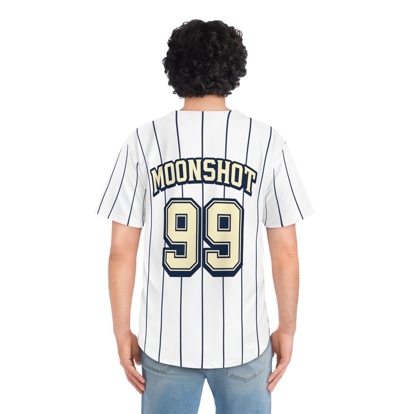Moonshot Pinstripe Baseball Jersey — 'Moonshot' Script & Number 99