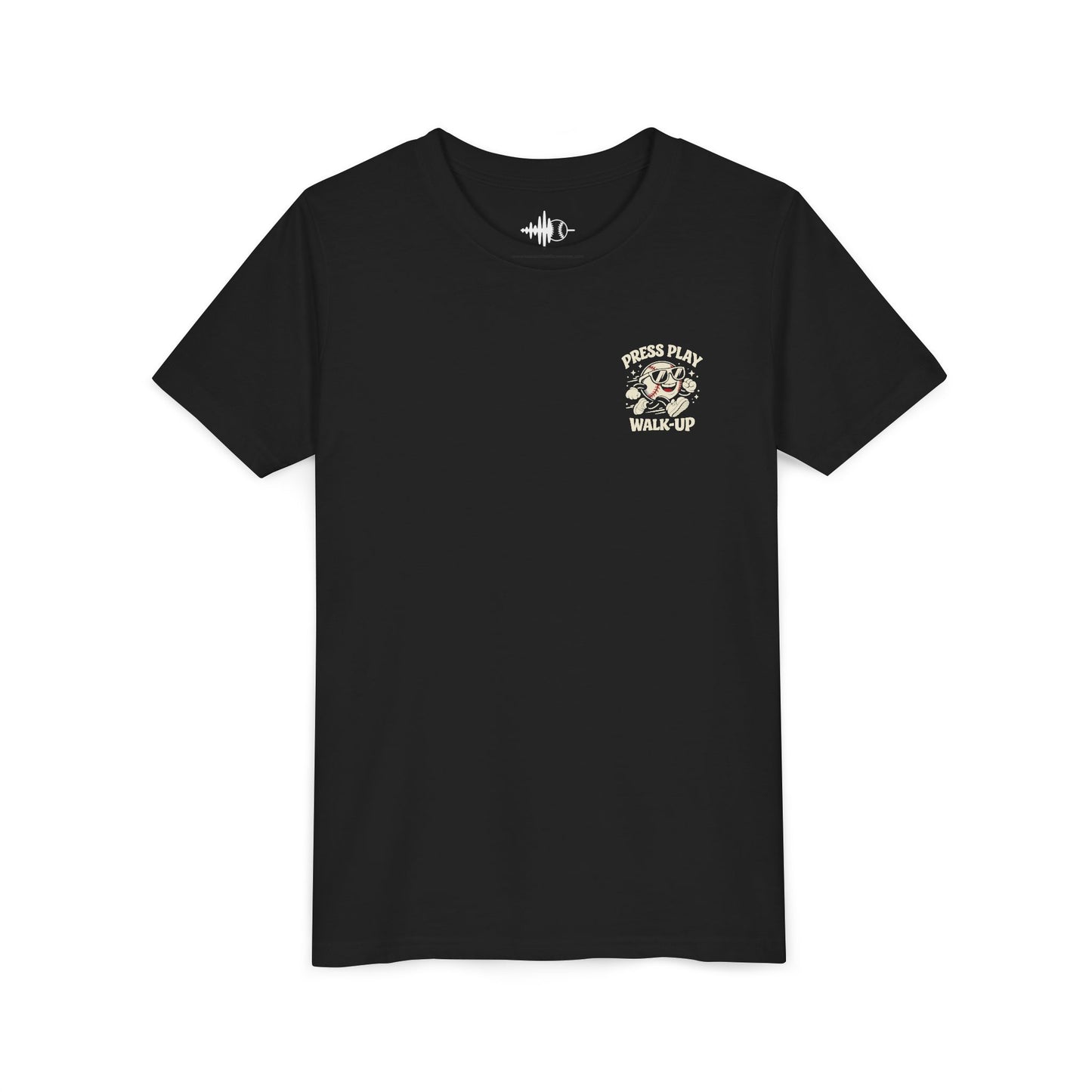 Youth Tee — "Press Play Walk-Up" Retro Baseball Character Graphic Shirt